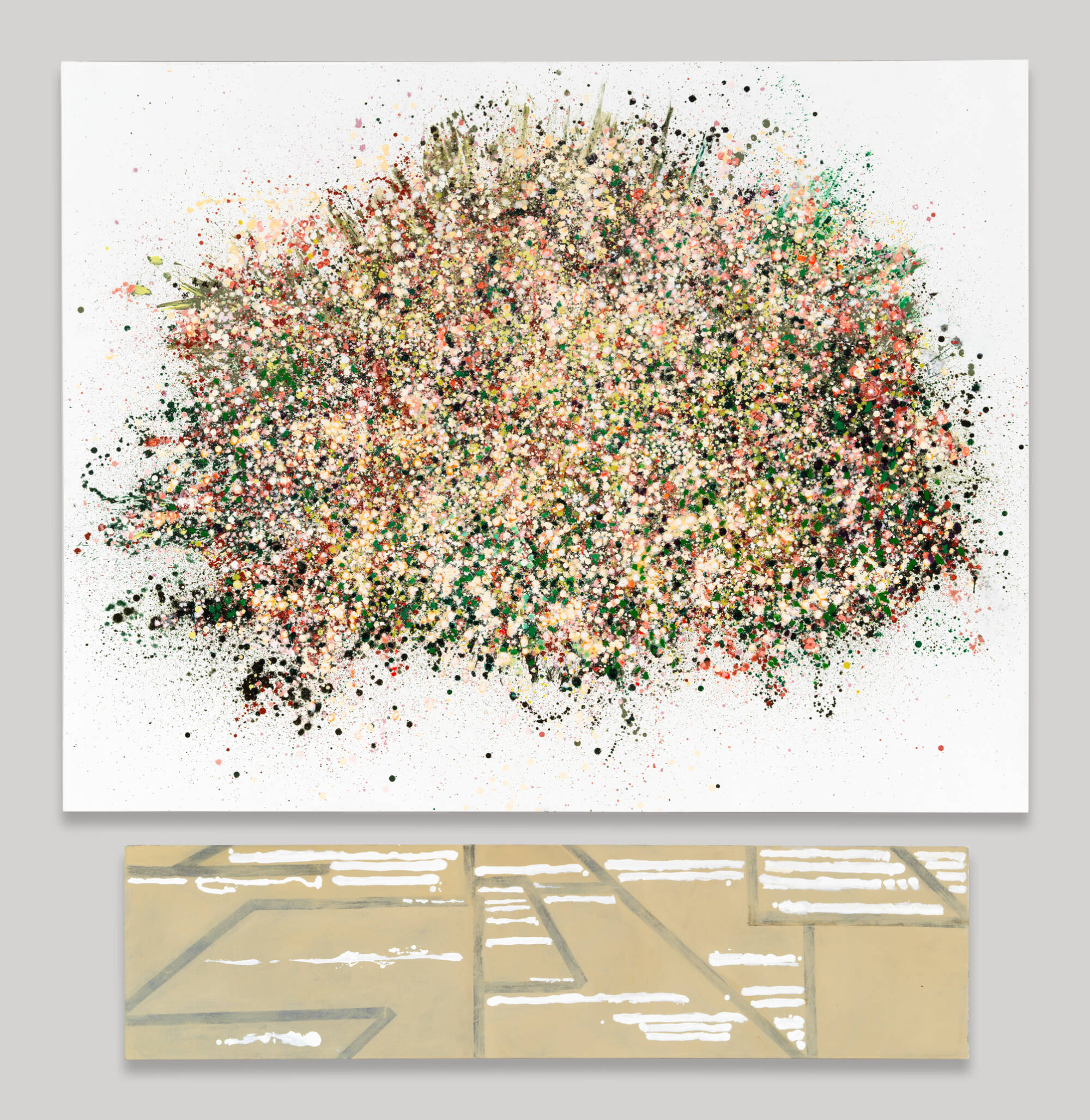 Two canvas painting. Larger canvas on top is an abstract shape created with lots of dots of varying colors. Bottom canvas has a tan gride like pattern.